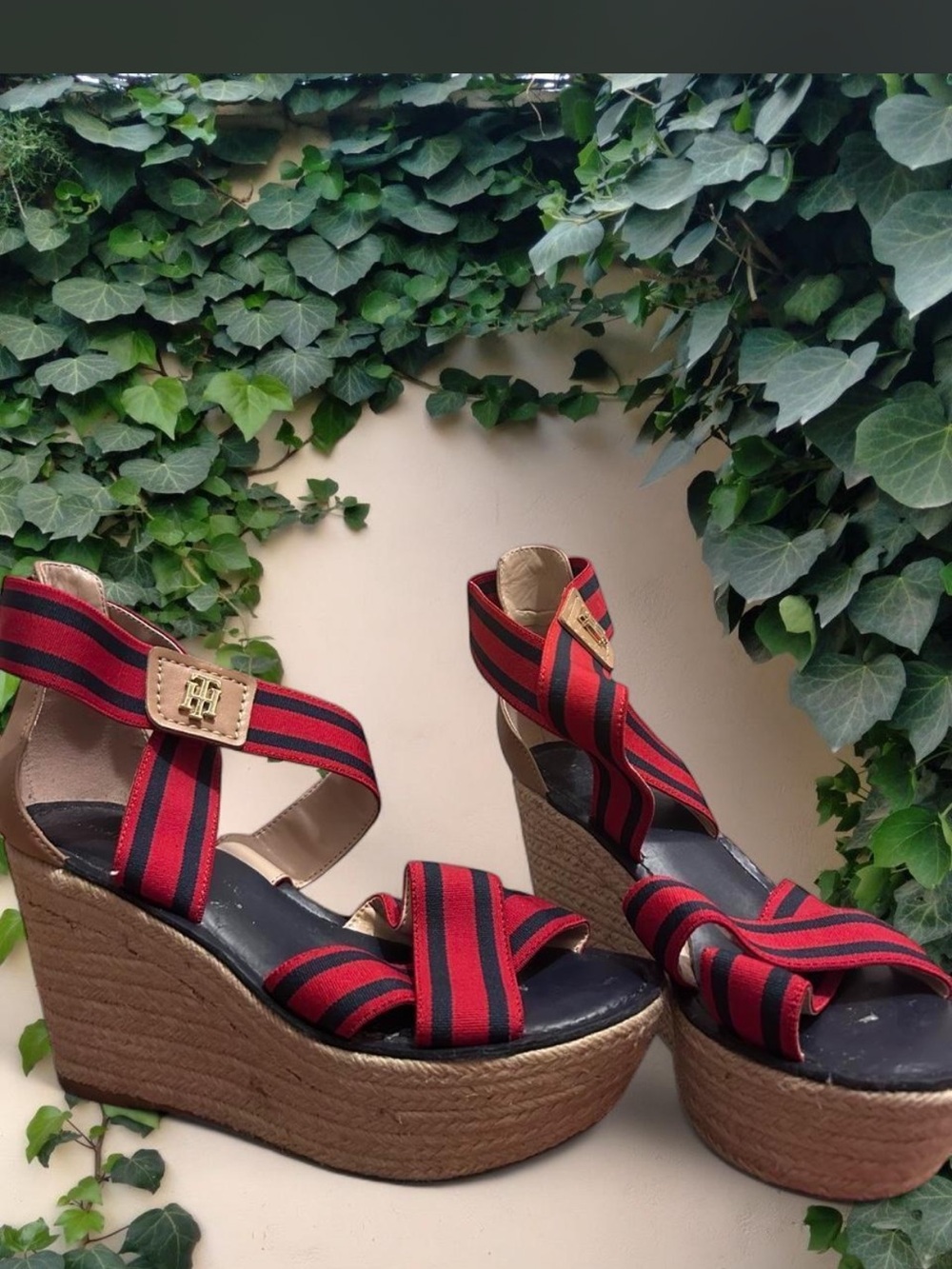 Tommy Hilfiger Women's Red and Black Striped Wedge espadrille Sandals